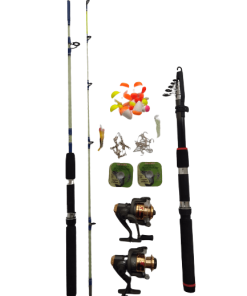 Kit pesca 1 Vara Telescópica+1 Vara de 2 Partes+ 2 Molinetes+ Vários Acessórios