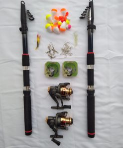 KIT PESCA – N°3 – 2 Varas Telescópicas 3,00m + 2 Molinetes 3 Rol 1000+ Acessórios