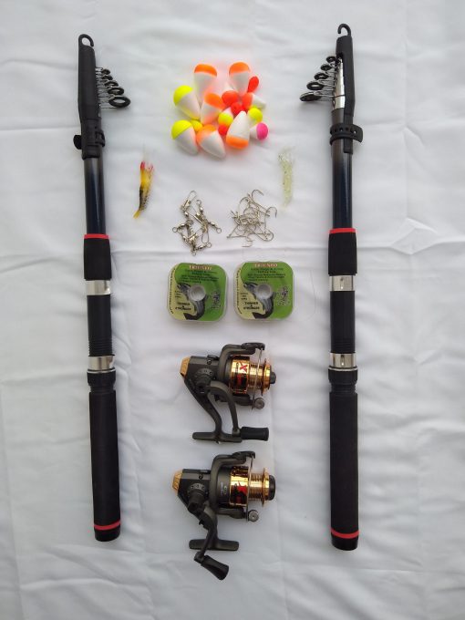 KIT PESCA – N°3 – 2 Varas Telescópicas 3,00m + 2 Molinetes 3 Rol 1000+ Acessórios