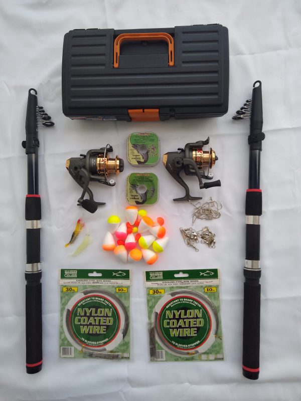 KIT PESCA - N°1 - 2 Varas Telescópicas + 2 Molinetes 3 Rol 2000 MARURI + Acessórios