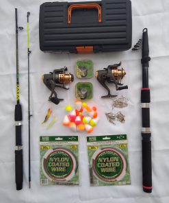 KIT PESCA – N°2 – 1 Vara Telescópica 3m+1 Vara 2 Parts 1,35m+2 Molinetes 3 Rol 1000+Acessórios