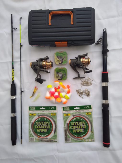 KIT PESCA – N°2 – 1 Vara Telescópica 3m+1 Vara 2 Parts 1,35m+2 Molinetes 3 Rol 1000+Acessórios