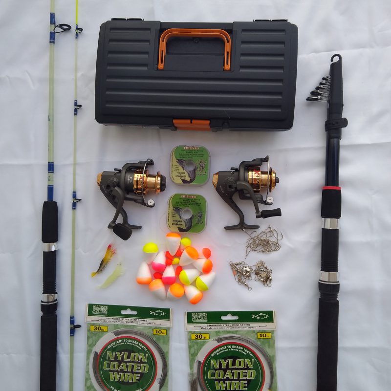 KIT PESCA – N°12 – 1 Vara Telescópica 3m + 1 Vara 2 Parts 1,35m + 2 Molinetes 3 Rol 2000+Acessórios