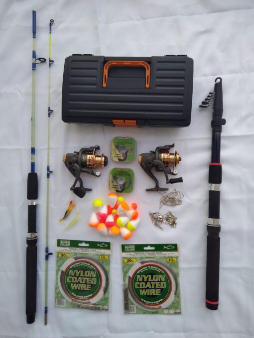 KIT PESCA - N°12 - 1 Vara Telescópica 3m + 1 Vara 2 Parts 1,35m + 2 Molinetes 3 Rol 2000+Acessórios