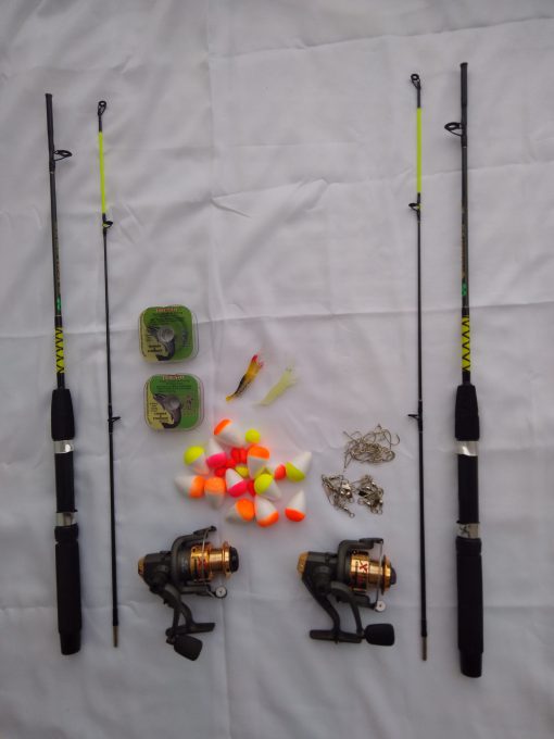 KIT PESCA – 2 varas 1,35m+2 Molinetes 1000+ acessórios